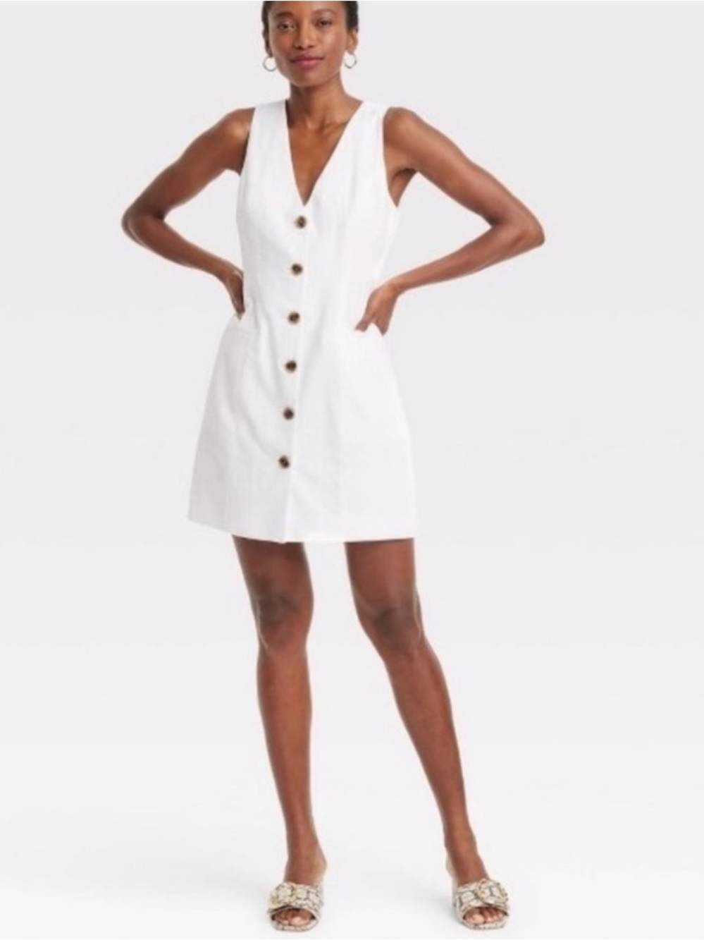a new day White Sleeveless Button-Front V-Neck Mini Dress